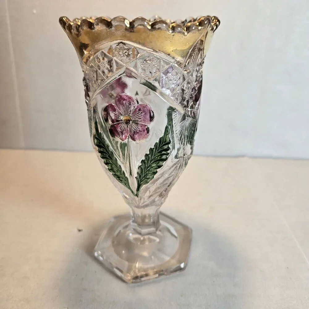 Vintage EAPG Scalloped Vase - Hand-Painted Purple Pansy & Gold Flash Rim
